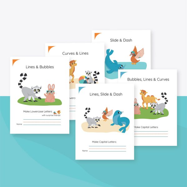 Five illustrated Letter Formation Booklets for Kindergarten feature animals like lemurs, birds, and a rabbit, with covers focused on learning letters and practicing writing lines and curves.