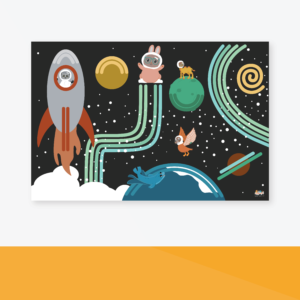 Illustration of animals in space with a rocket, planets, and stars. A dog is in the rocket, a rabbit on a planet, and an owl is flying. All elements have a playful, cartoonish style.