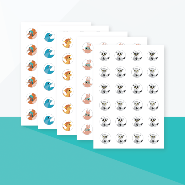 Five sheets of round stickers featuring various cartoon animal faces including birds, rabbits, and pandas, each arranged in neat rows on a white and teal background.