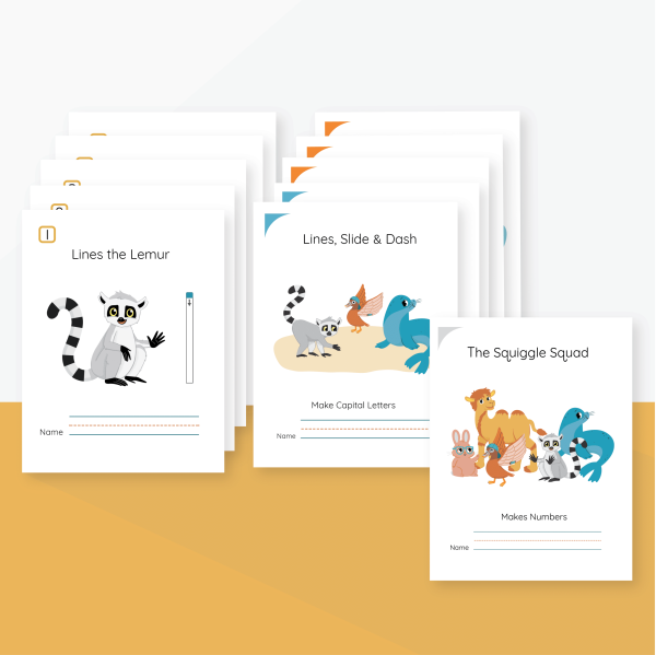 Image of children's educational workbooks titled "Lines the Lemur," "Lines, Slide & Dash," and "The Squiggle Squad," featuring cartoon animals and spaces for writing.