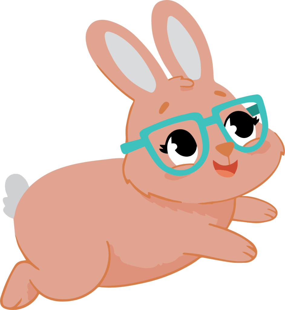 Illustration of a pink cartoon rabbit wearing blue glasses, lying down with a relaxed expression.