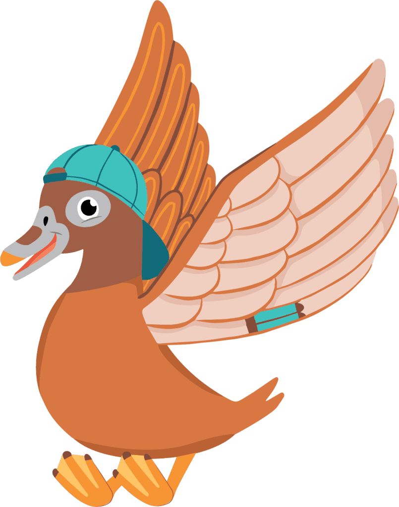 Illustration of a brown bird wearing a light blue cap and blue wristbands, mid-flight with wings spread.