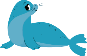 Illustration of a blue seal on its belly, with a slight upward tilt of its head and a cheerful expression.
