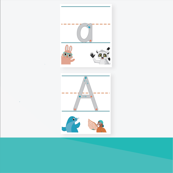 Two flashcards display letters 'O' and 'A' with animal characters. The letter 'O' is shown with a bunny and a bird, while the letter 'A' is accompanied by a bear and a bird.