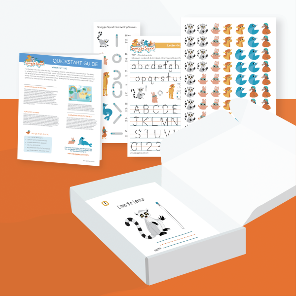 Open box displaying the Single Student Core Kit for Kindergarten with educational materials, including a quickstart guide, handwriting practice sheets, and animal stickers on an orange background.