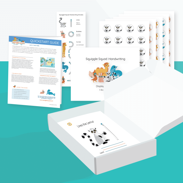 An open box reveals educational materials, including animal-themed handwriting practice sheets, sticker sheets, and a quickstart guide.