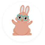 Illustration of a cute, round bunny wearing teal glasses, sitting upright with its arms raised inside a black circular frame on a white background, alongside playful handwriting elements.