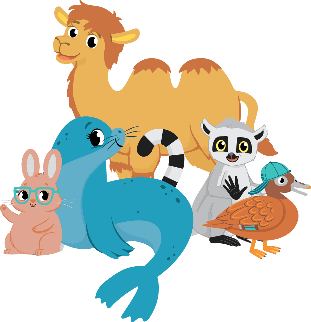 An illustration of a group of cartoon animals, featuring a brown camel, a blue seal, a lemur, and a rabbit with glasses. Each character is accompanied by playful handwriting naming them. Don't miss the duck wearing a baseball cap!