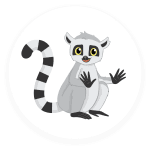 Cartoon illustration of a lemur with a black and white striped tail, sitting on its hind legs. Enclosed in a black circular border with whimsical handwriting adorning the edges.