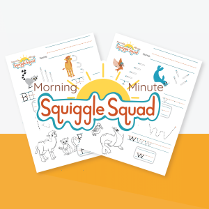 Two illustrated activity sheets titled "Morning Minute Squiggle Squad" with alphabet tracing, dot-to-dot, and animal drawings.