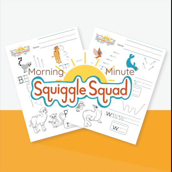 Two children's activity sheets titled "Squiggle Squad" featuring letter tracing activities with colorful animal illustrations and a sun graphic in the center. The sheets are placed on an orange and white background.