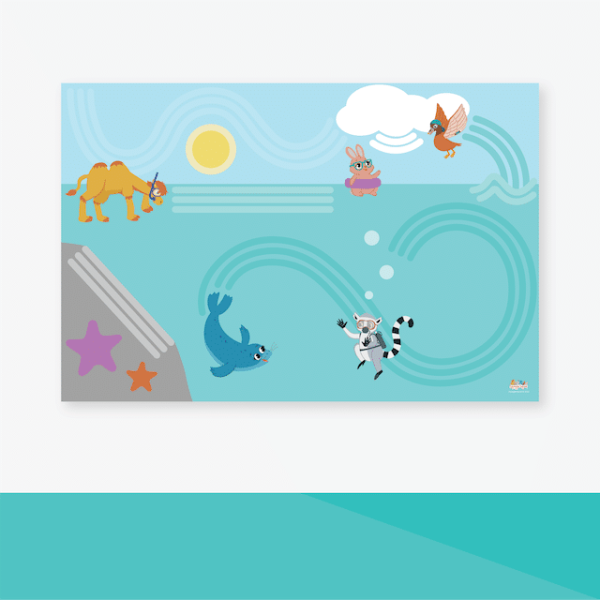 Illustration featuring a camel, rabbit, bird, seal, and lemur on a blue background with wavy lines, stars, and a sun — Ocean Fun Poster.