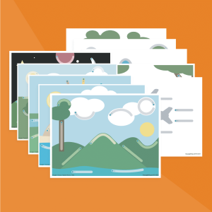 A series of Squiggles & Wiggles Table Mats with various landscapes, including mountains and trees, arranged in a cascading stack against an orange background.