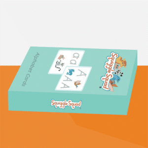 A box of Alphabet Finger Trace Cards featuring animal illustrations for the letter "A" is placed on an orange surface.