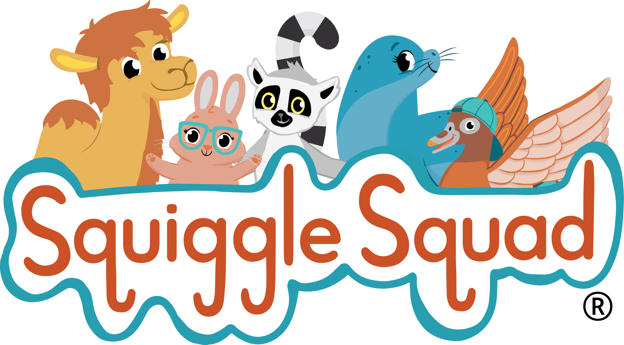 Illustration of five cartoon animals (a llama, rabbit, raccoon, seal, and duck) with the text "Squiggle Squad" in a playful font beneath them.