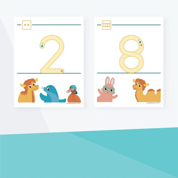 The Numbers Display Cards (Download) feature flashcards with the numbers 2 and 8, each showing illustrated animals, and pair well with alphabet cards to create a fun, engaging way to support early learning.