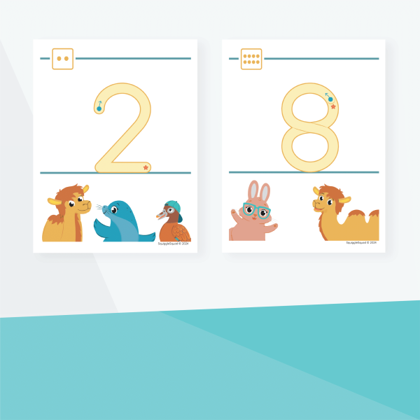 Illustration of the numbers 2 and 8 with small animals below each number. The number 2 has a llama, seal, and duckling, and the number 8 has a rabbit in glasses and a llama below it.