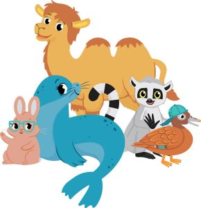 A group of cartoon animals, including a camel, seal, lemur, rabbit with glasses, and duck wearing a hat, sit together in a casual arrangement. The duck clutches a note with playful handwriting scrawled on it.