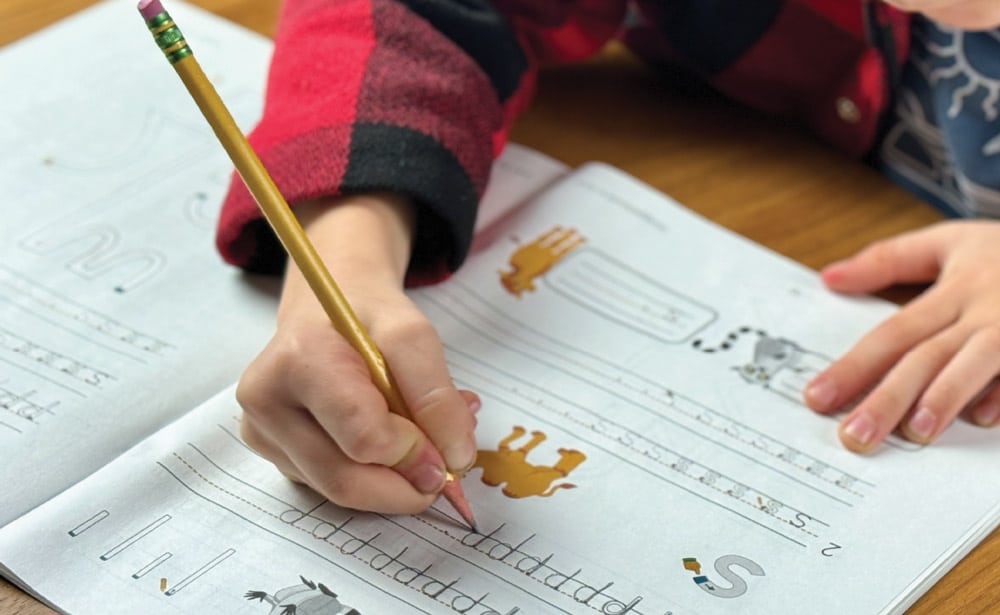 A child is writing with a pencil in a workbook, practicing letters and numbers. The page features illustrations of animals.