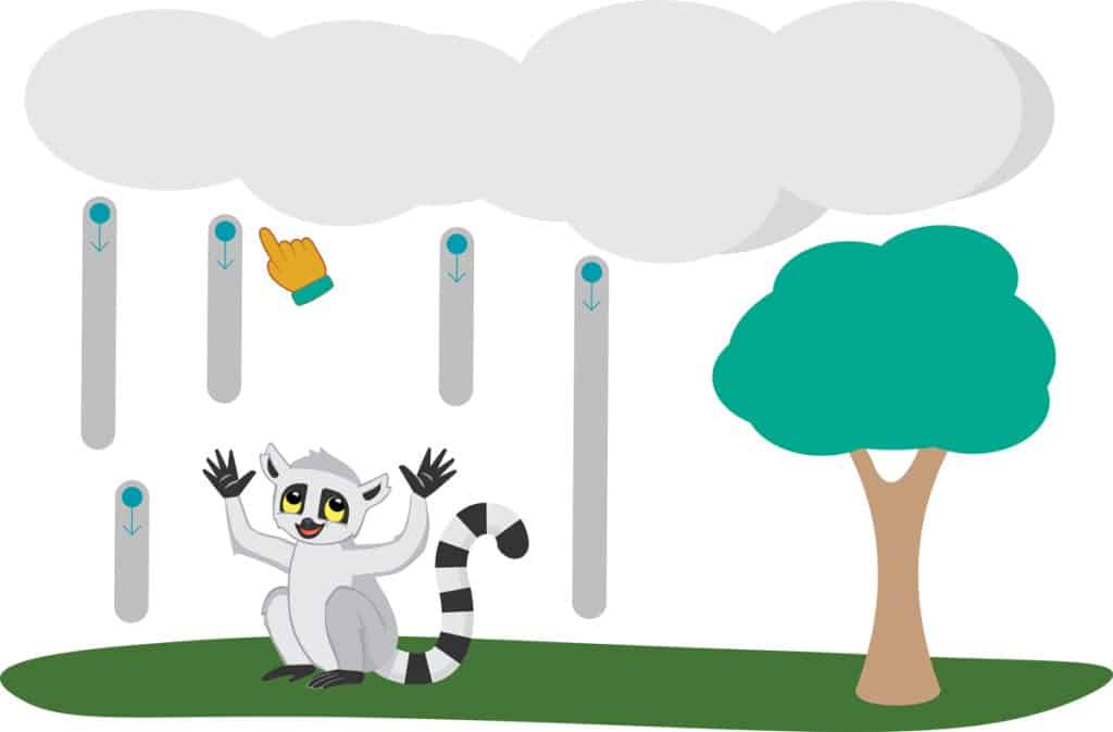 Illustration of a lemur with arms raised on grass under grey clouds, with falling arrows and a pointing hand symbol. A green tree is to the right.