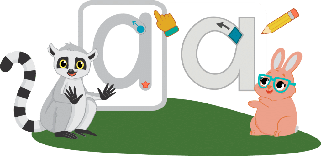 A lemur and a bunny with glasses are on a grassy patch beside large lowercase "a" letters, with a pointing hand and a pencil, suggesting a teaching or learning activity.